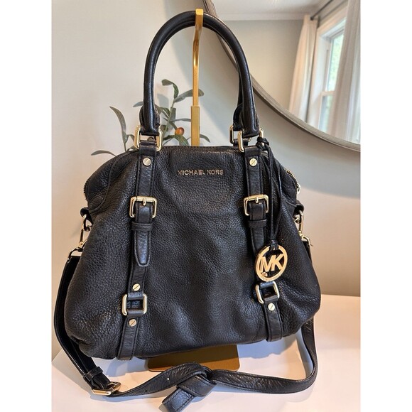 Michael Kors Handbags - Michael Kors Bedford Black Pebbled Leather Satchel Crossbody Bag Gold Hardware